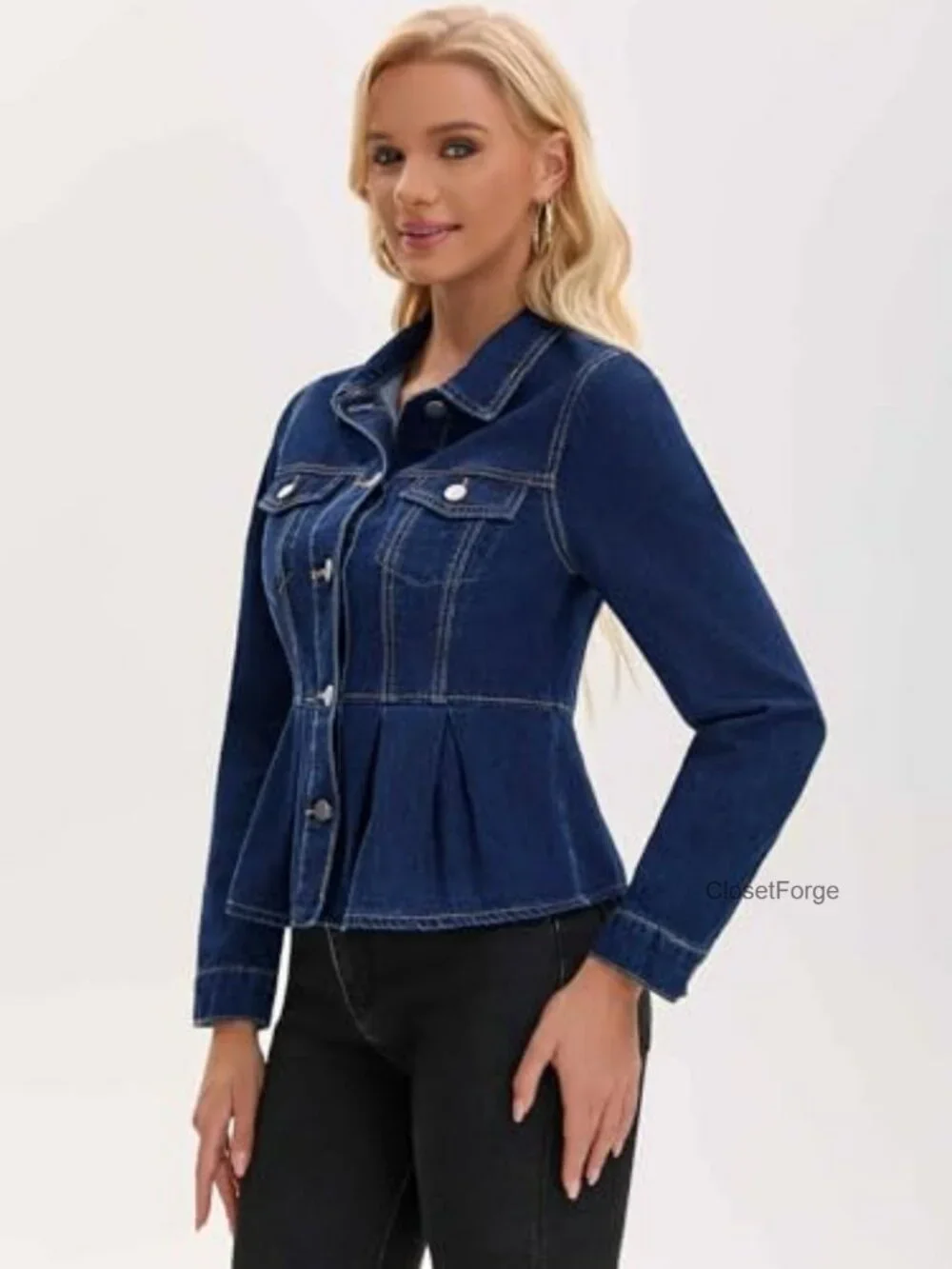 Ruffle Hem Peplum Denim Jacket Button Down Collar Long Sleeve with Pockets
